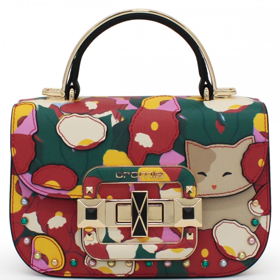 Sacs Pour Dames Cromie | Sac A Rabat En Cuir Cromia Pour Femme Avec Applique Florale Et Chat, Fabrique En Italie 1405528