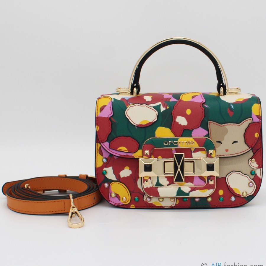 Sacs Pour Dames Cromie | Sac A Rabat En Cuir Cromia Pour Femme Avec Applique Florale Et Chat, Fabrique En Italie 1405528