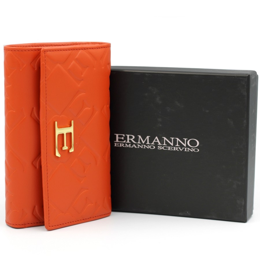 Accessoires Pour Dames ERMANNO Ermanno Scervino | Ermanno Ermanno Scervino Portefeuille Avec Logos En Relief En Cuir Orange Fabrique En Italie 12600181