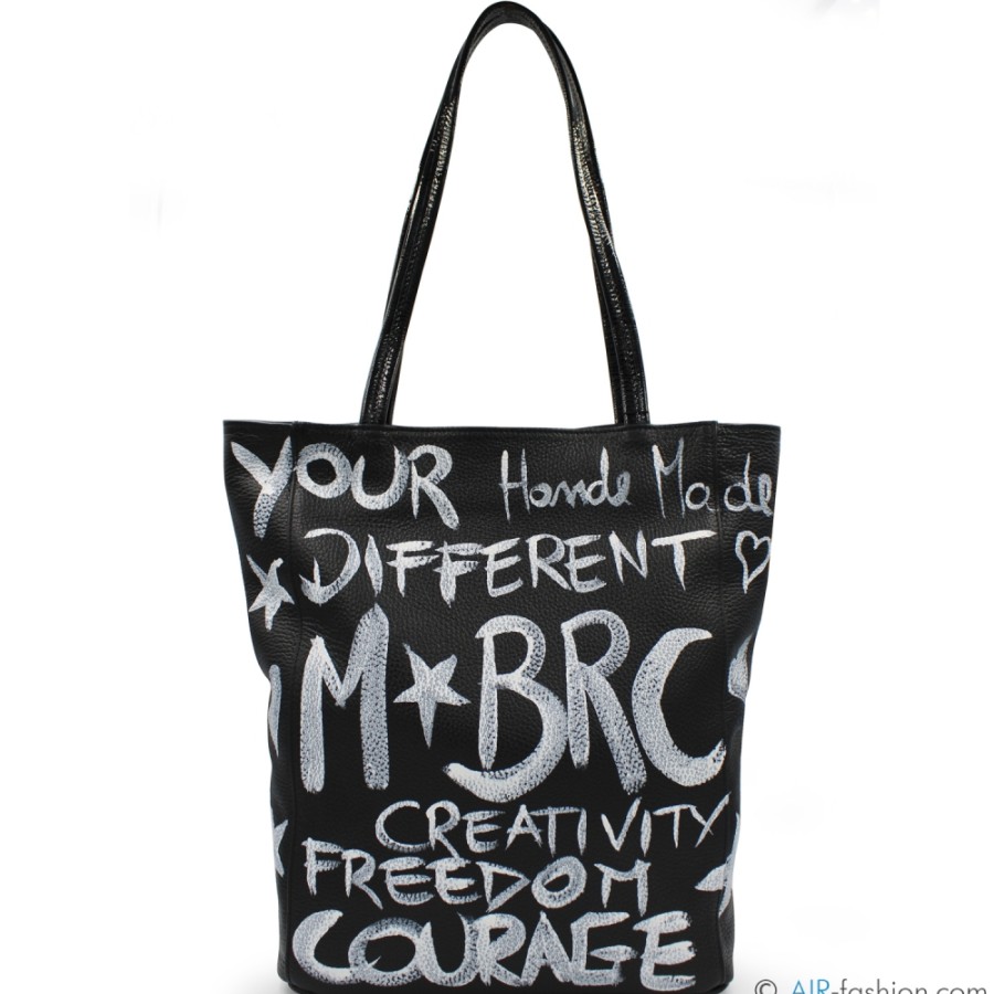 Sacs Pour Dames M*BRC | Sac Shopper Peint A La Main En Cuir Noir M*Brc, Fabrique En Italie F240