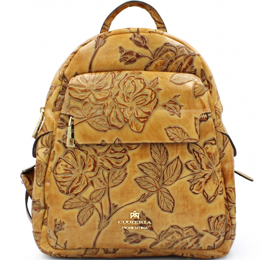 Sacs Pour Dames Cuoieria Fiorentina | Cuoieria Fiorentina Sac A Dos En Cuir Avec Motif Roses En Relief, Couleur Beige-Ocre, Fabrique En Italie B000005407385-Be