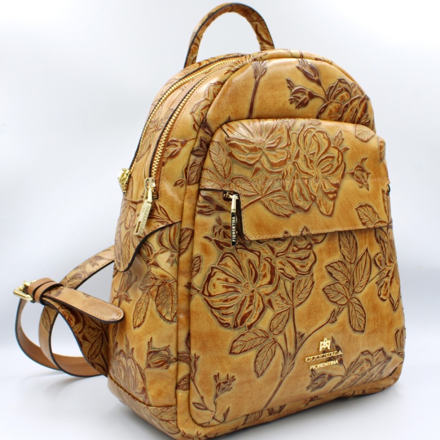 Sacs Pour Dames Cuoieria Fiorentina | Cuoieria Fiorentina Sac A Dos En Cuir Avec Motif Roses En Relief, Couleur Beige-Ocre, Fabrique En Italie B000005407385-Be