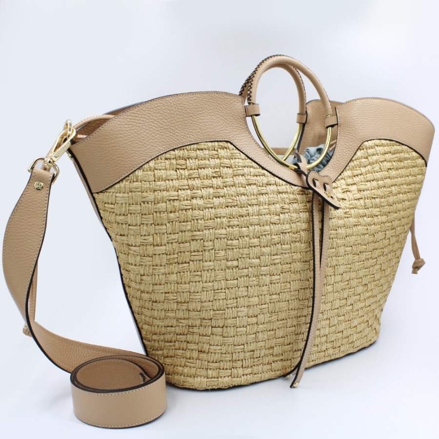 Sacs Pour Dames Cuoieria Fiorentina | Cuoieria Fiorentina Grand Sac En Paille Et Cuir Veritable, Couleur Naturelle, Fabrique En Italie 5858006-Be