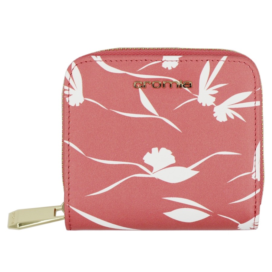 Accessoires Pour Dames Cromie | Cromia Petit Portefeuille Zippe En Cuir Rose Avec Motif De Fleurs Blanches 26A1181