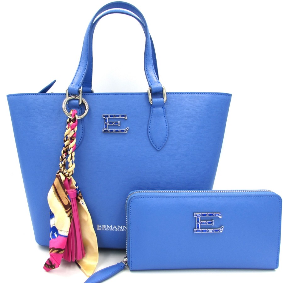 Sacs Pour Dames ERMANNO Ermanno Scervino | Ermanno Ermanno Scervino Sac Shopping Et Portefeuille En Cuir Bleu Pour Femme Fabrique En Italie 1240031012600086