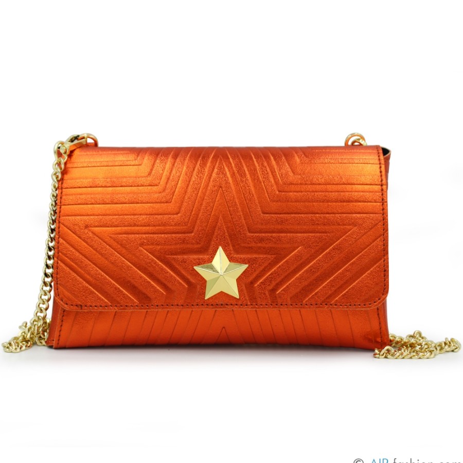 Sacs Pour Dames M*BRC | M*Brc Pochette En Cuir Metallise Orange Avec Bandouliere En Chaine F223_Arancio