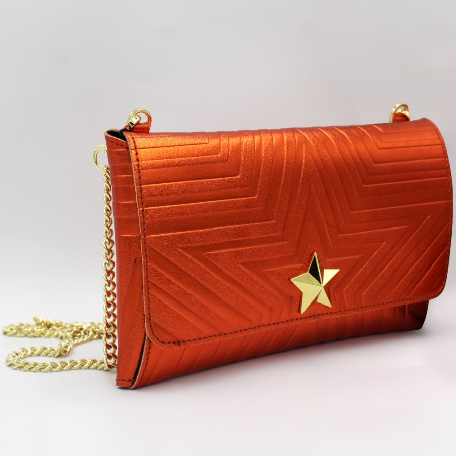 Sacs Pour Dames M*BRC | M*Brc Pochette En Cuir Metallise Orange Avec Bandouliere En Chaine F223_Arancio