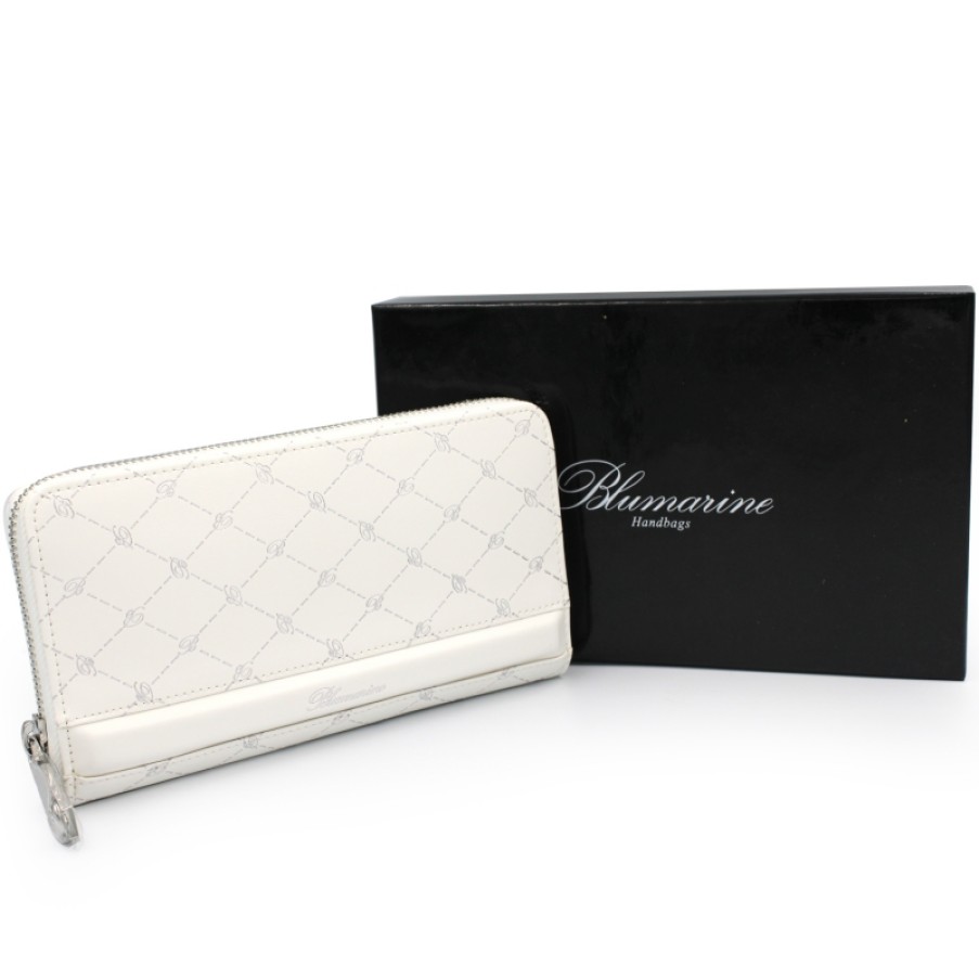 Accessoires Pour Dames Blumarine | Portefeuille Sophistique Blumarine Avec Fermeture Eclair En Cuir Blanc Avec Monogrammes Argentes B81Pwb301923010