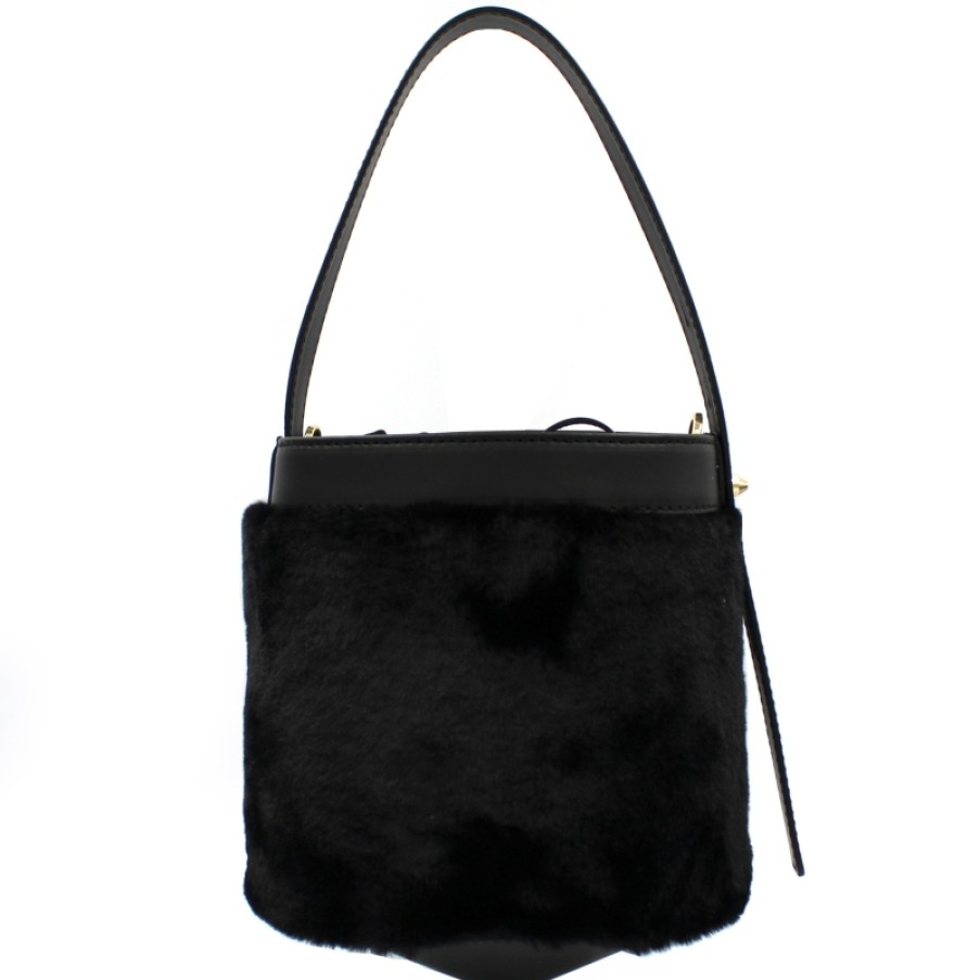 Sacs Pour Dames ARCADIE | Sac Seau A La Mode En Cuir Noir Et Fourrure Ecologique Arcadia Fabrique En Italie 4698N