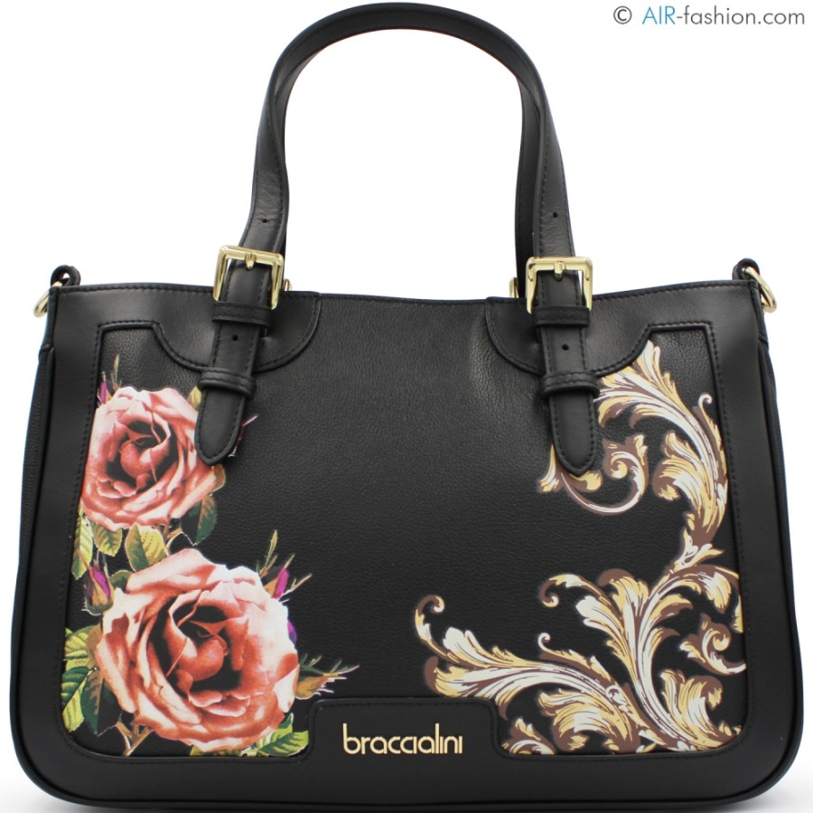 Sacs Pour Dames Braccialini | Braccialini Sac En Cuir Noir Avec Decoration Vignettes Et Roses B17462-Yy-818-Uni