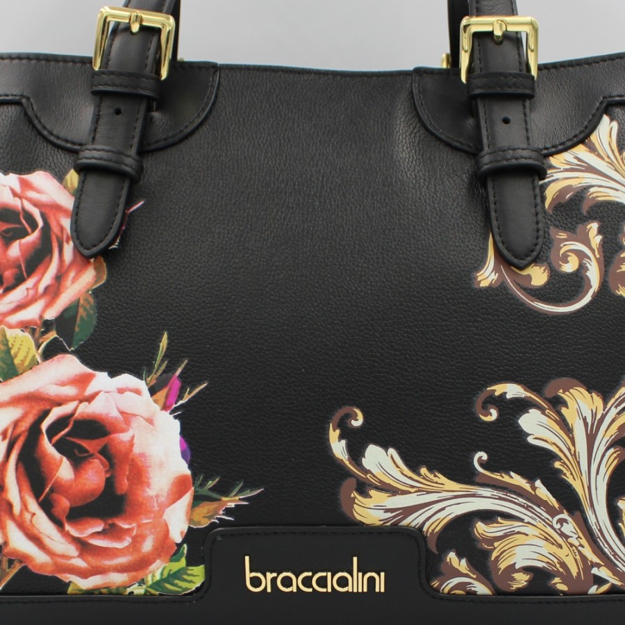 Sacs Pour Dames Braccialini | Braccialini Sac En Cuir Noir Avec Decoration Vignettes Et Roses B17462-Yy-818-Uni