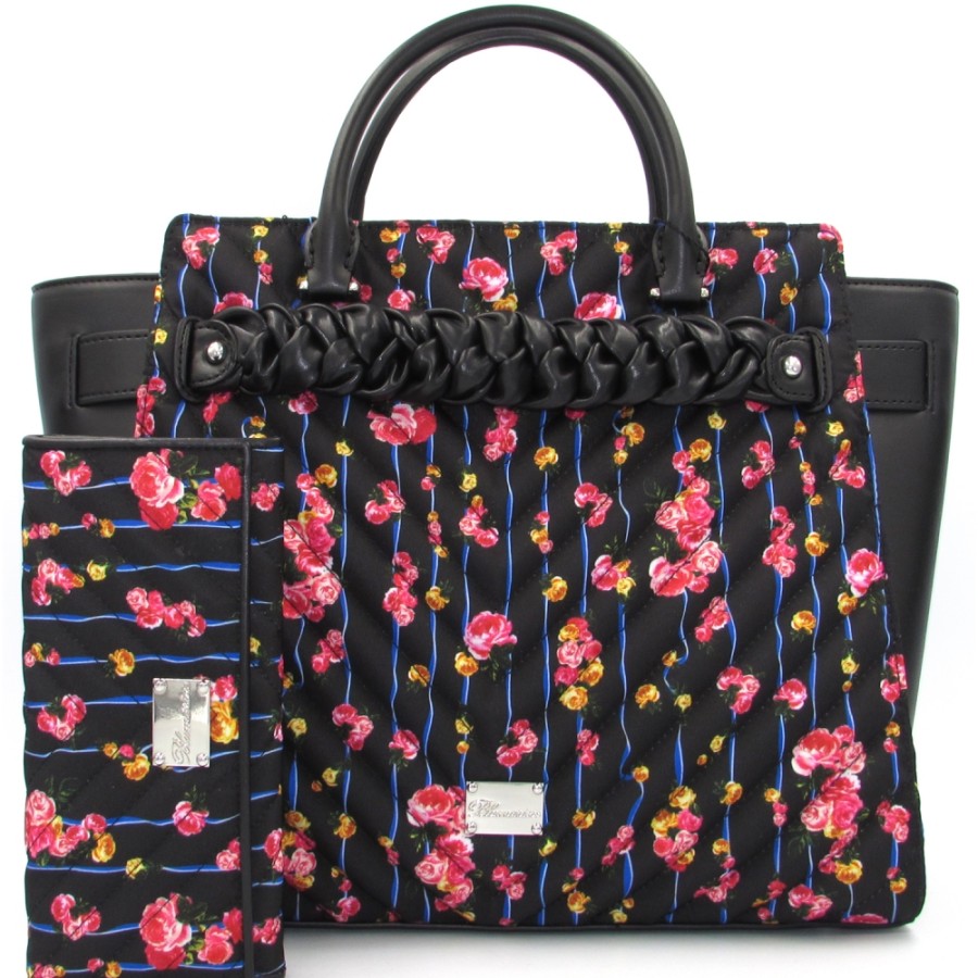 Sacs Pour Dames Blumarine | Blumarine Sac Noir Romantique Pour Femme Avec Imprime Floral + Portefeuille Assorti