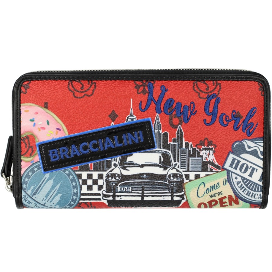 Accessoires Pour Dames Braccialini | Braccialini Portefeuille Zippe Pour Femme, Rouge Avec Applique, Theme : Attractions Touristiques De New York B16290_126-Ca