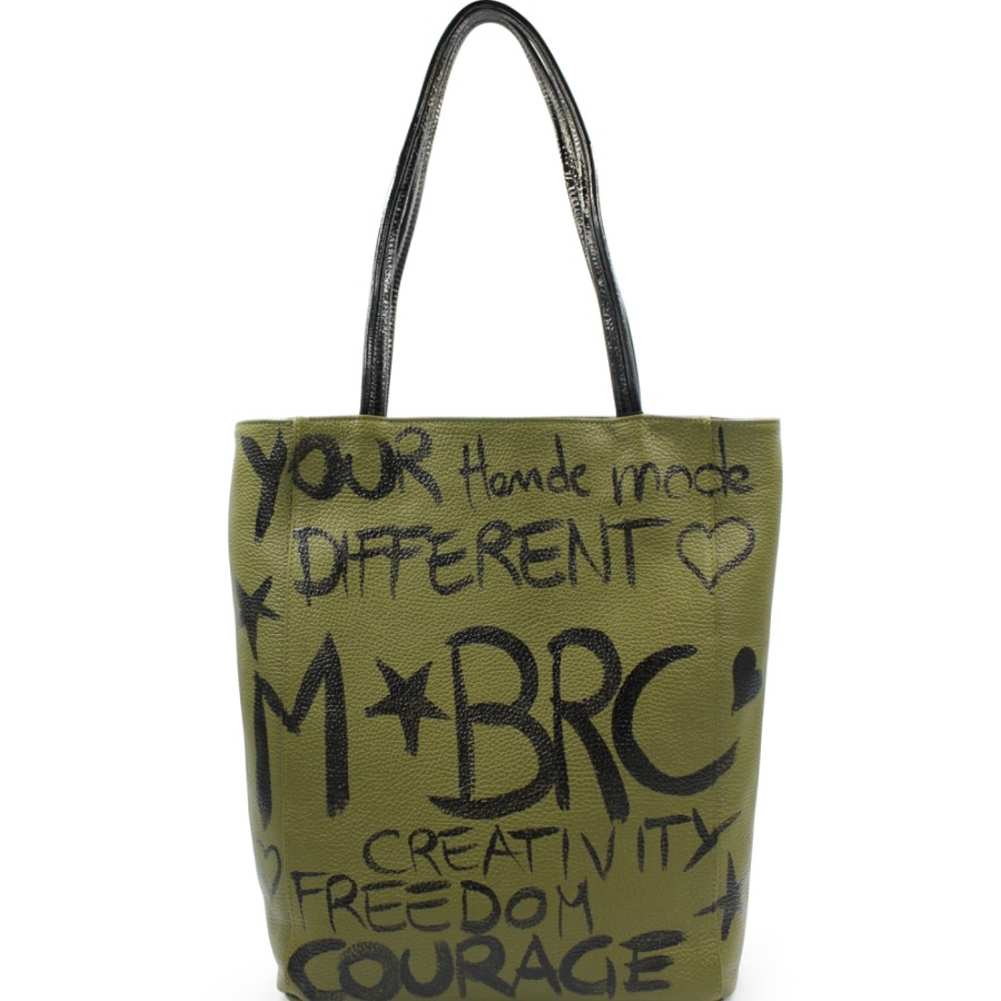 Sacs Pour Dames M*BRC | Sac Shopper Peint A La Main En Cuir Vert M*Brc, Fabrique En Italie F240_Ulivo