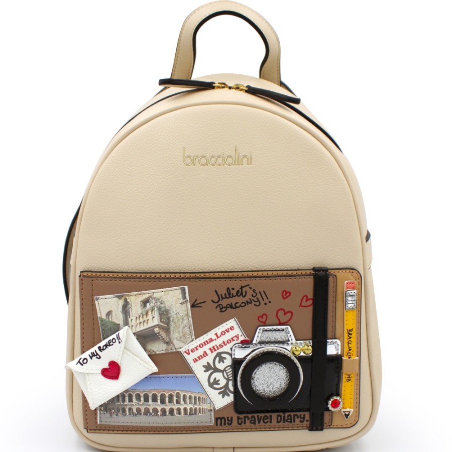 Sacs Pour Dames Braccialini | Braccialini Creative Sac A Dos Beige, Avec Application Du Journal De Voyage, Theme Verone B14863