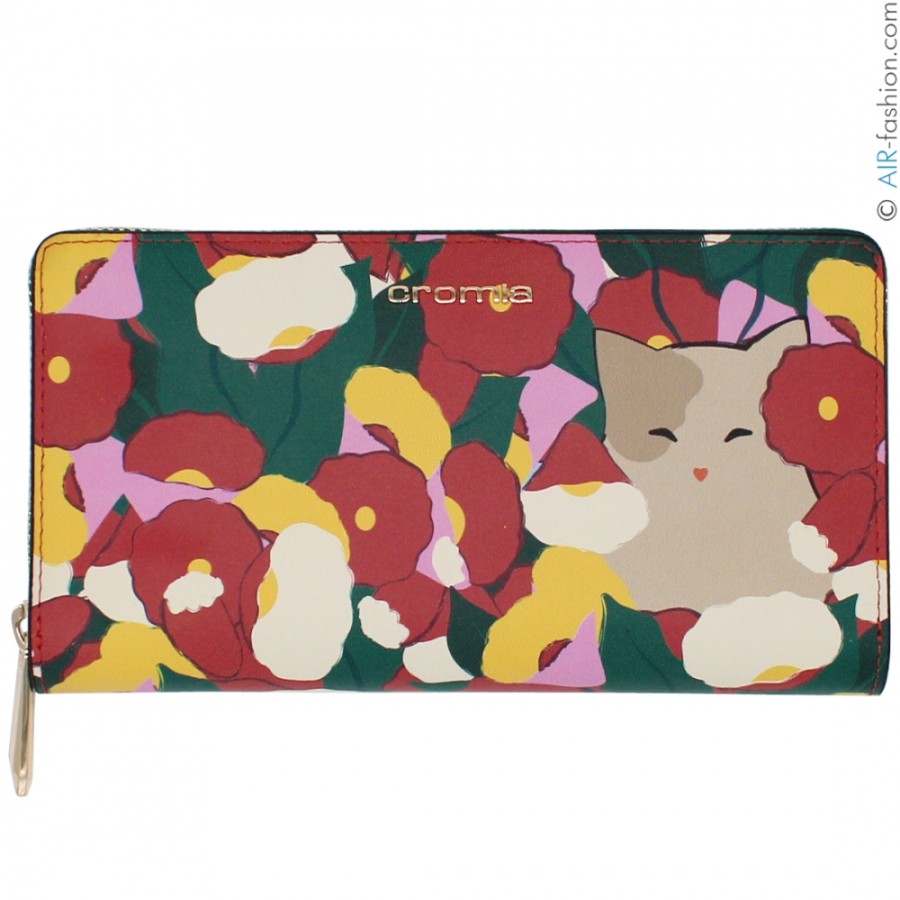 Accessoires Pour Dames Cromie | Portefeuille Multi-Poches Cromia En Cuir Avec Motif Floral Et Chat, Fabrique En Italie 2641309