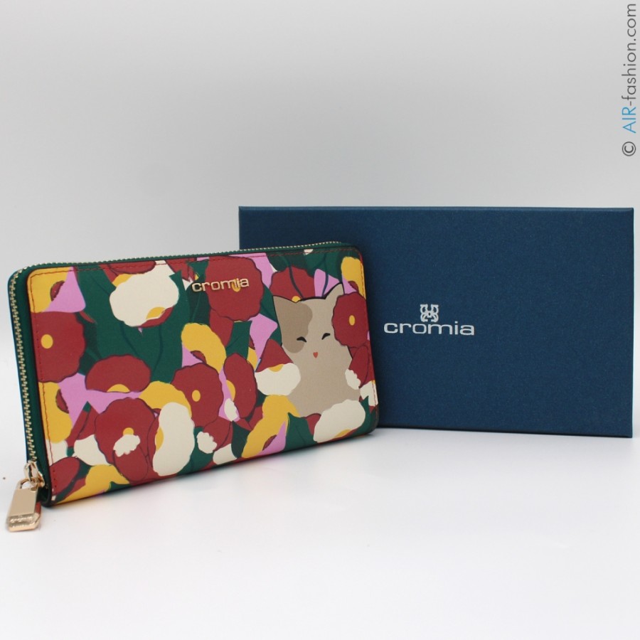 Accessoires Pour Dames Cromie | Portefeuille Multi-Poches Cromia En Cuir Avec Motif Floral Et Chat, Fabrique En Italie 2641309