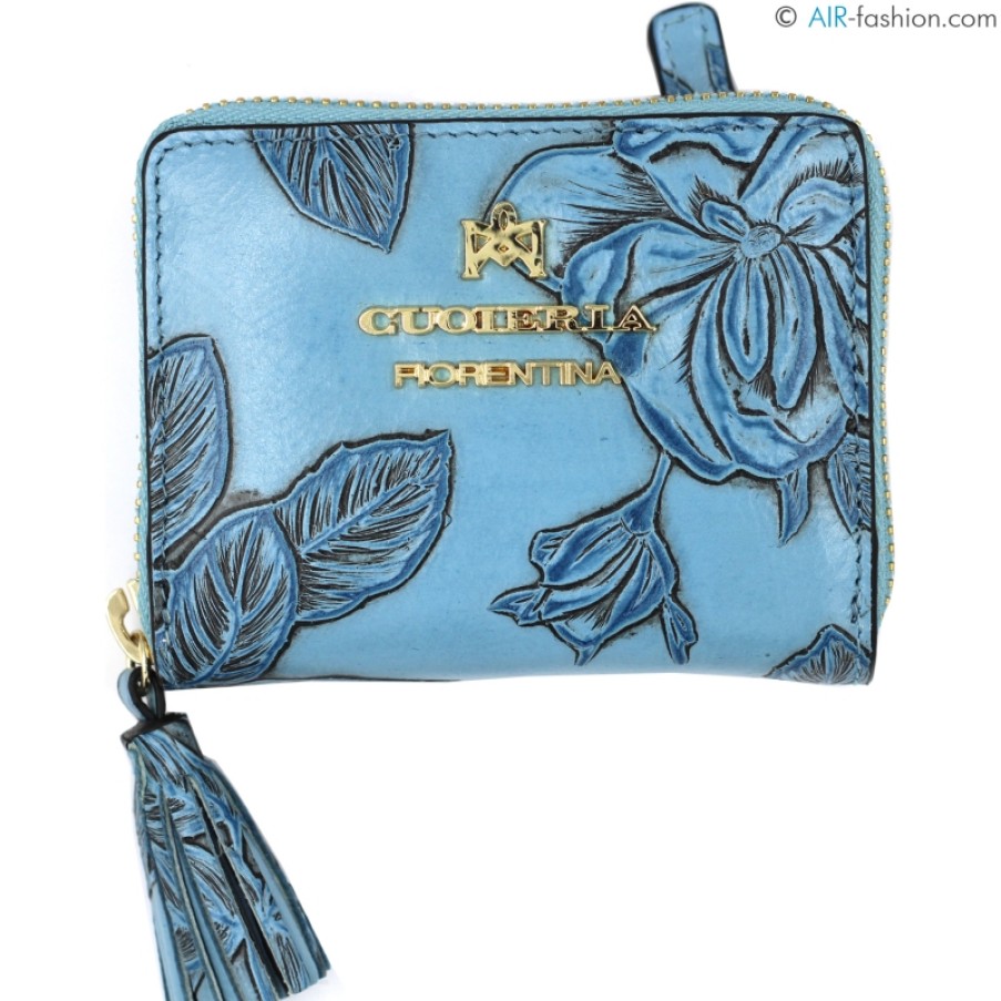 Accessoires Pour Dames Cuoieria Fiorentina | Cuoieria Fiorentina Petit Portefeuille Zippe En Cuir Gaufre Bleu Avec Ornement Floral D1008