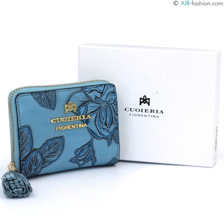 Accessoires Pour Dames Cuoieria Fiorentina | Cuoieria Fiorentina Petit Portefeuille Zippe En Cuir Gaufre Bleu Avec Ornement Floral D1008