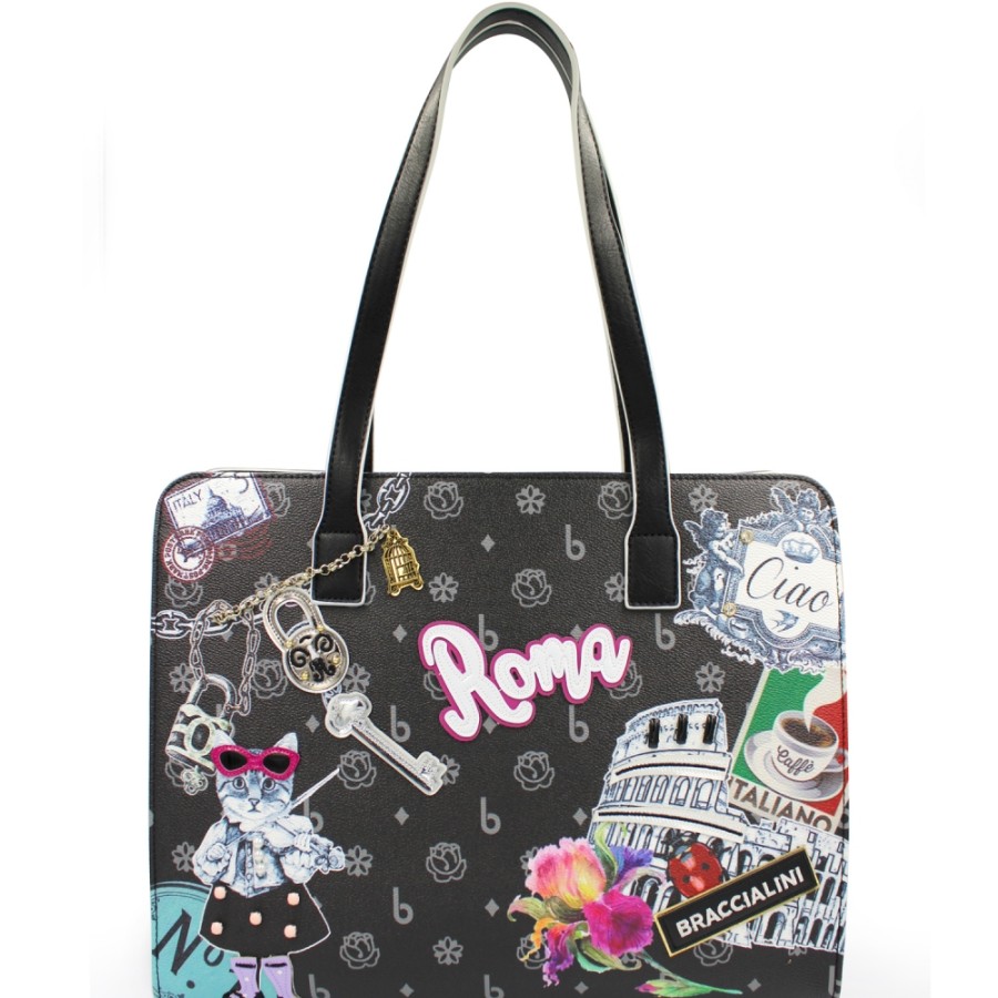 Sacs Pour Dames Braccialini | Sac Cabas Noir Braccialini Avec Applique, Theme : Attractions Touristiques De Rome B16116