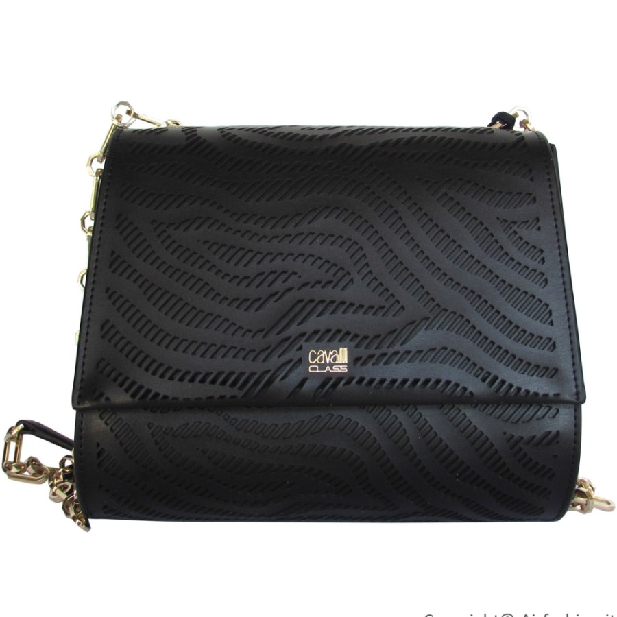 Sacs Pour Dames CLASSE Cavalli | Cavalli Class Sac A Bandouliere En Cuir Noir Avec Decoration Perforee C81Pwcot0022999