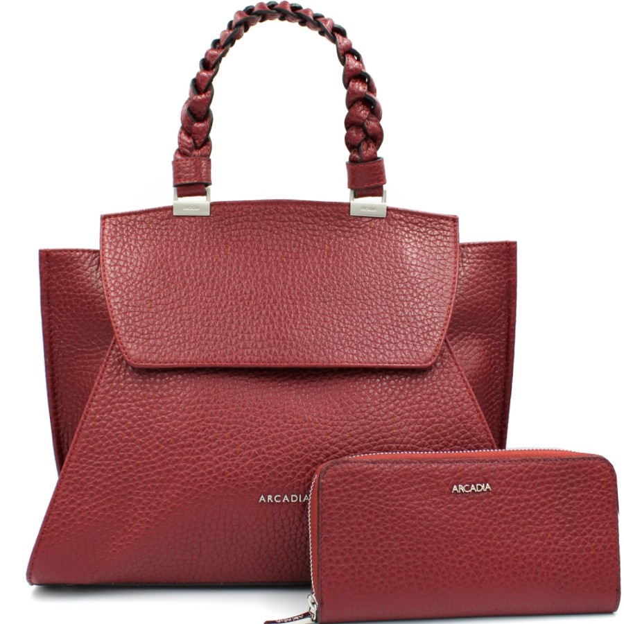 Sacs Pour Dames ARCADIE | Sac Cartable En Cuir Bordeaux Arcadia Et Portefeuille Assorti Fabrique En Italie 2101-1604