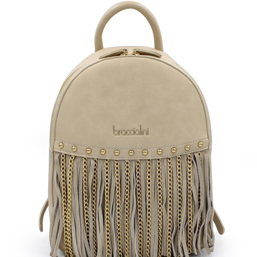 Sacs Pour Dames Braccialini | Braccialini Sac A Dos Beige Pour Femme Avec Franges Et Chaines B16214-305