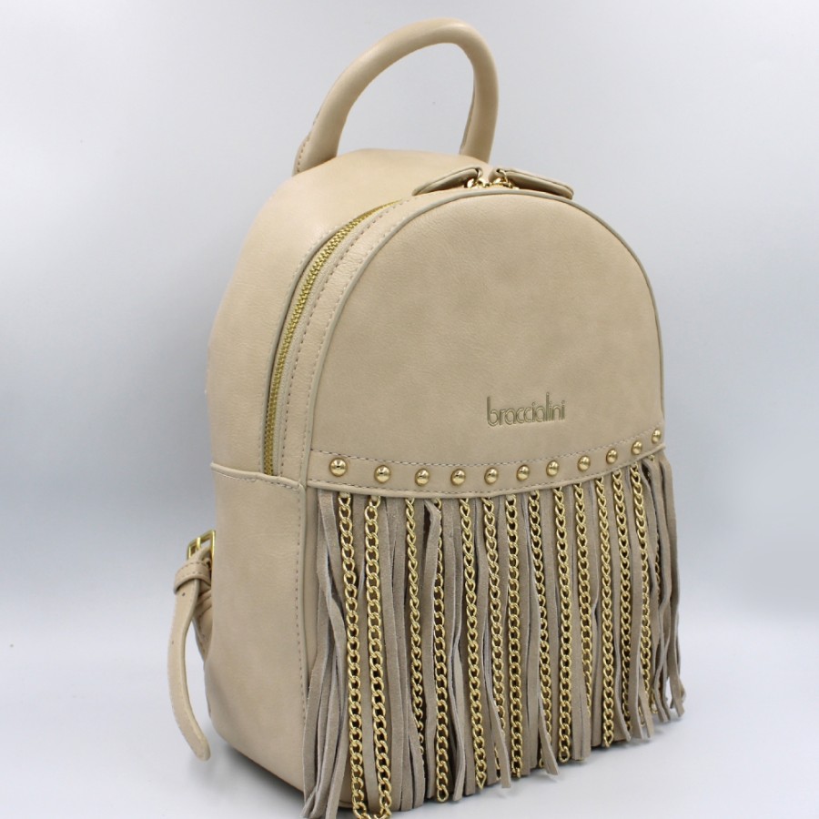 Sacs Pour Dames Braccialini | Braccialini Sac A Dos Beige Pour Femme Avec Franges Et Chaines B16214-305