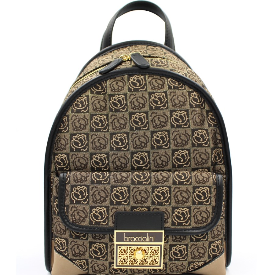 Sacs Pour Dames Braccialini | Sac A Dos Braccialini En Tissu Jacquard Avec Motif De Roses Tissees, Marron Avec Or B14457