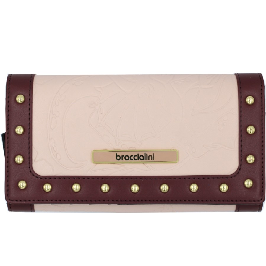 Accessoires Pour Dames Braccialini | Braccialini Portefeuille A Rabat En Cuir Couleur Rose Clair Et Prune Avec Motif En Relief B13582