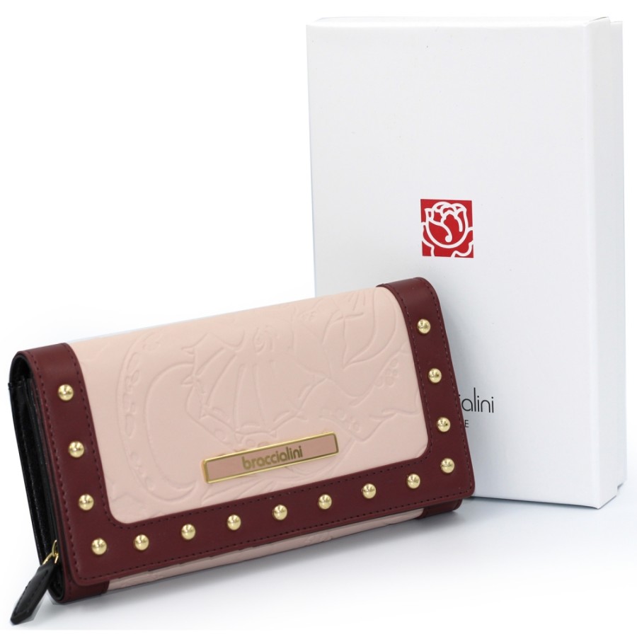 Accessoires Pour Dames Braccialini | Braccialini Portefeuille A Rabat En Cuir Couleur Rose Clair Et Prune Avec Motif En Relief B13582