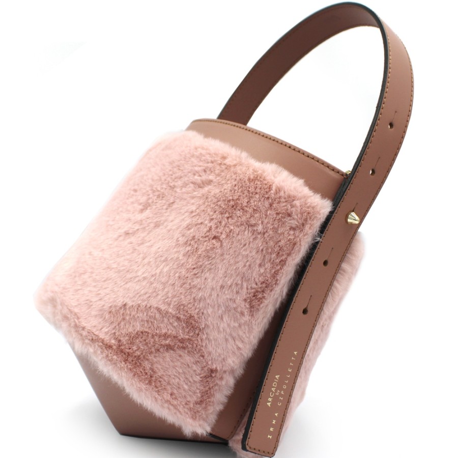 Sacs Pour Dames ARCADIE | Arcadia Glamorous Sac Seau Rose En Cuir Et Eco-Fourrure Fabrique En Italie 4698R