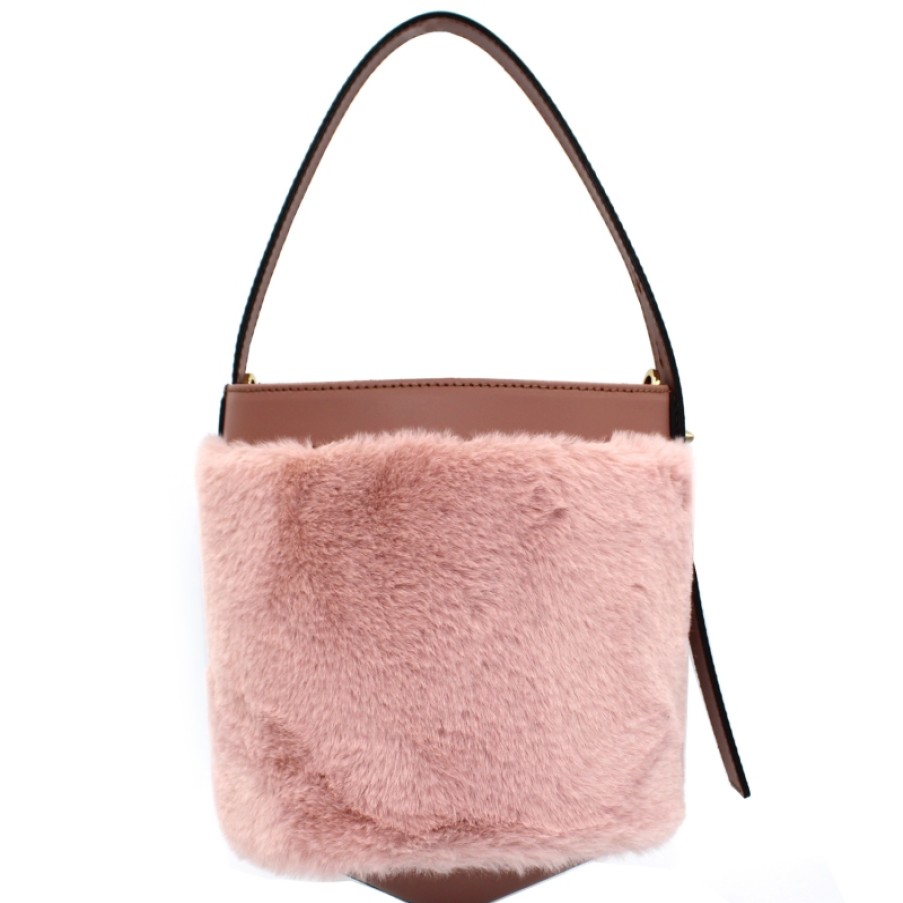 Sacs Pour Dames ARCADIE | Arcadia Glamorous Sac Seau Rose En Cuir Et Eco-Fourrure Fabrique En Italie 4698R